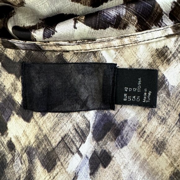 H&M Dress Size 12 Fit & Flare Satin Leopard Ruffle Brown Black Belted Stretch - Picture 6 of 9